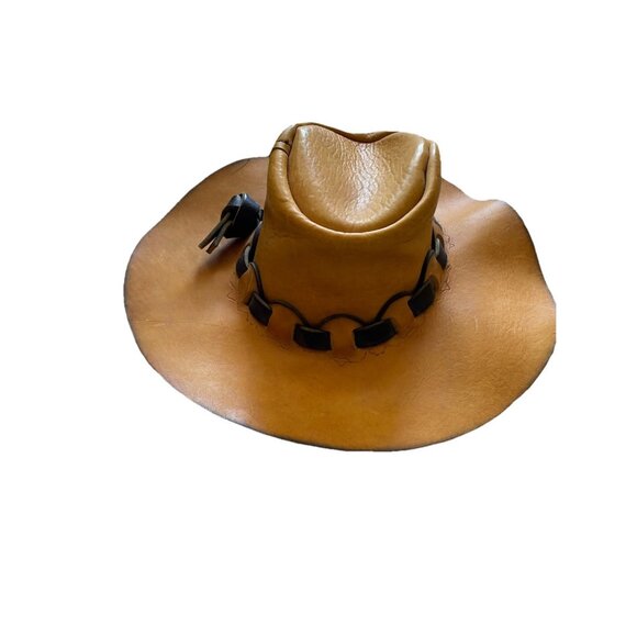 Mens Outback Hat Woven Embossed Tan Hard Leather Cowboy Black Australian - Picture 2 of 13